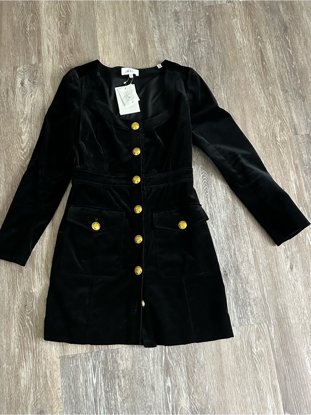 A.L.C. Black Velvet Long-Sleeve Dress with Gold Buttons